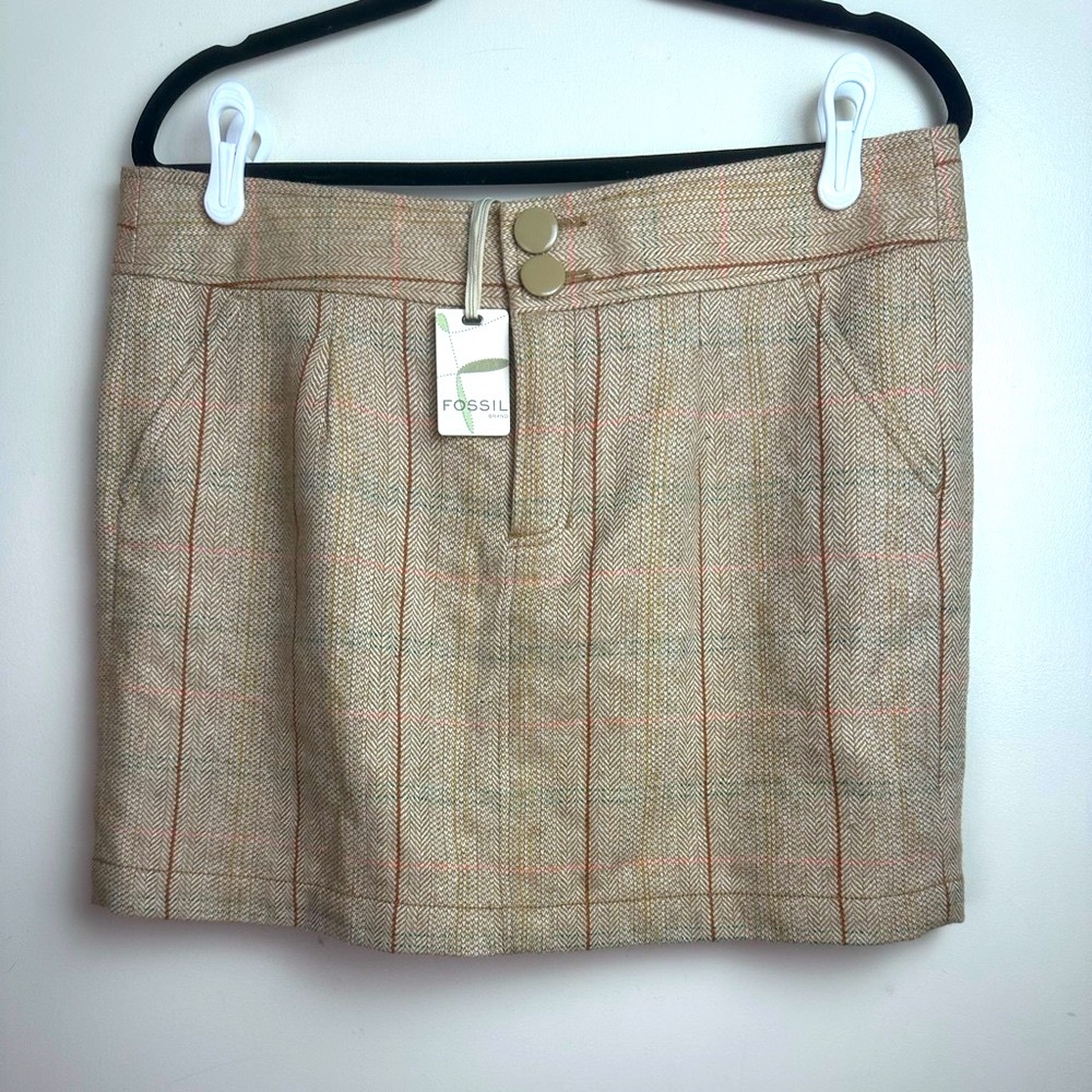 Fossil Tan Plaid/Houndstooth Wool Blend Retro Y2K Inspired Academia Skirt NWT 12